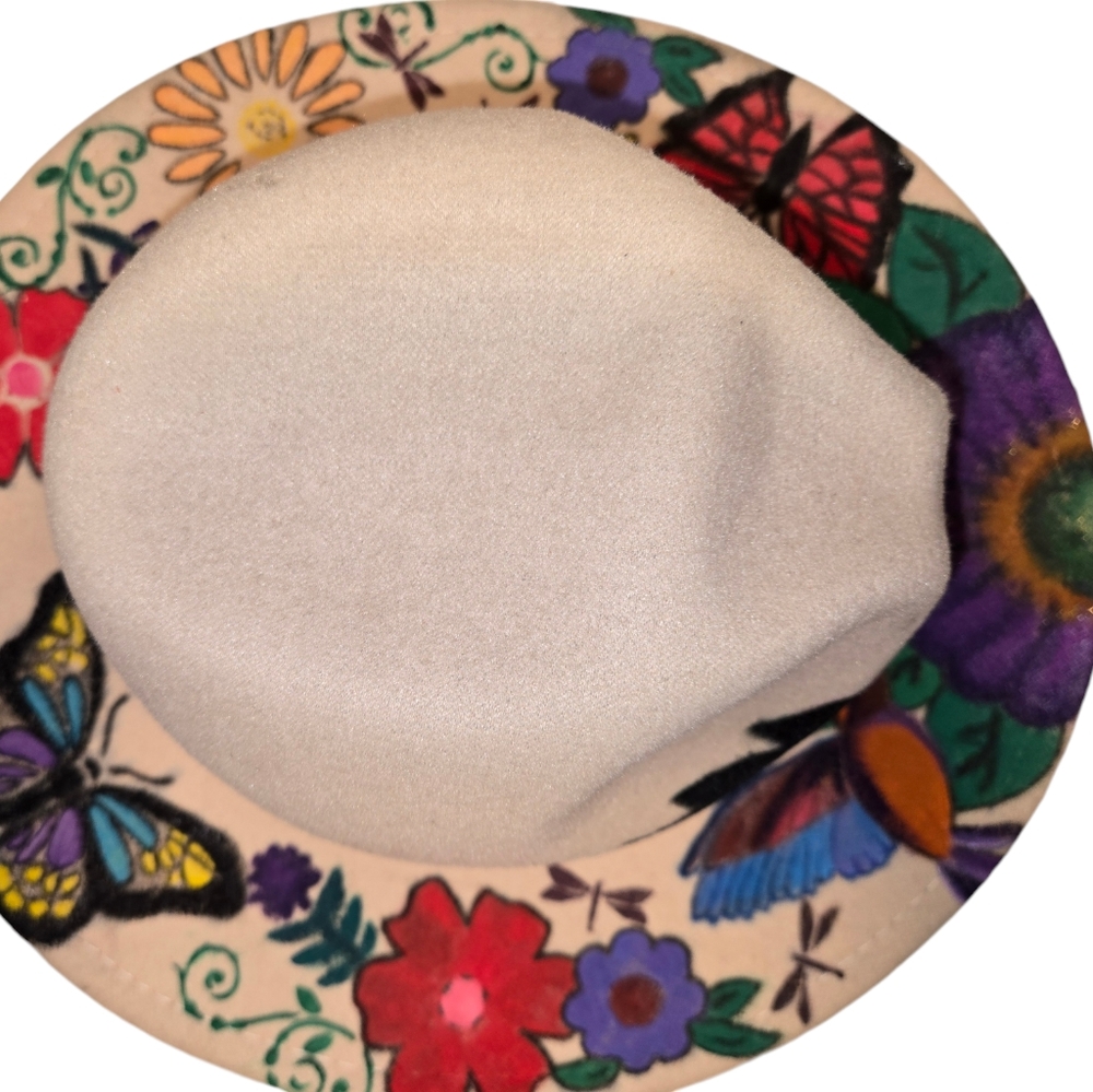 Handmade Painted Hat. Tan. Flowers, Hummingbird, Butterfly. Women Hat